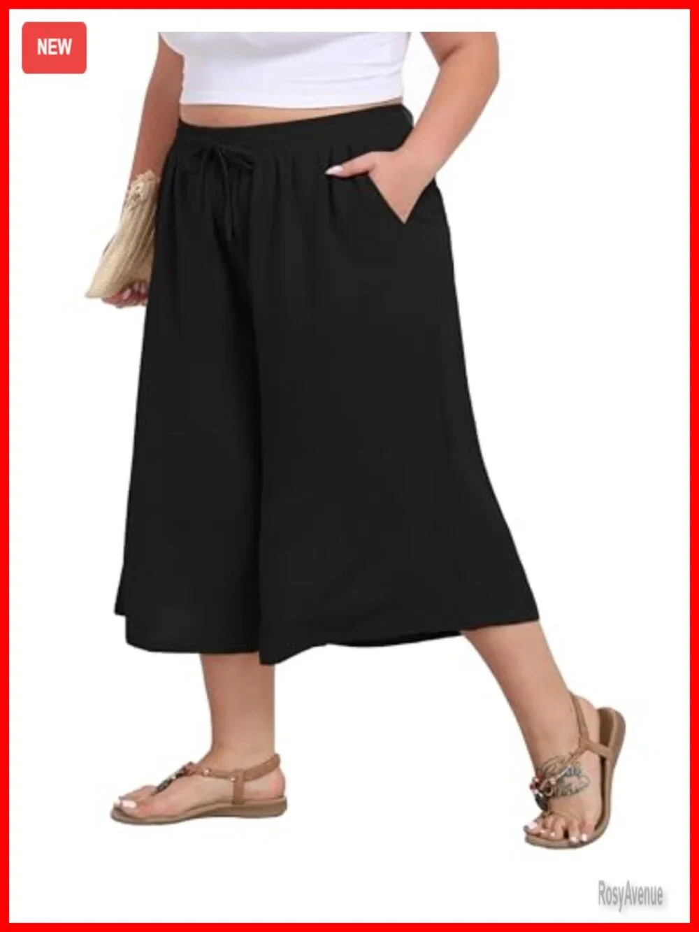Plus Size Wide Leg Capri Pants Loose Lounge Cropped Culottes with Pockets
